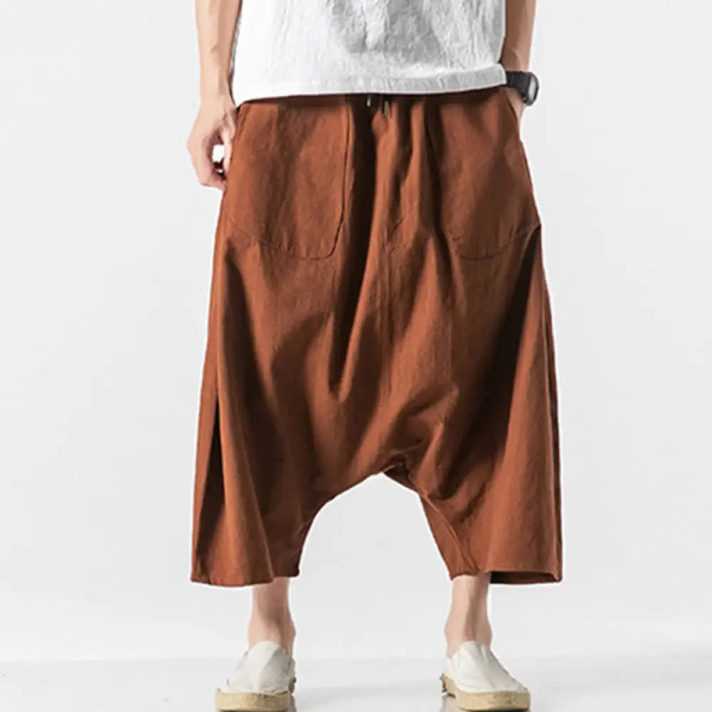 Buddha Stones Casual Low Crotch Design Drawstring Men’s 7-8 Length Cotton Linen Wide Leg Pants With Pockets - Chocolate