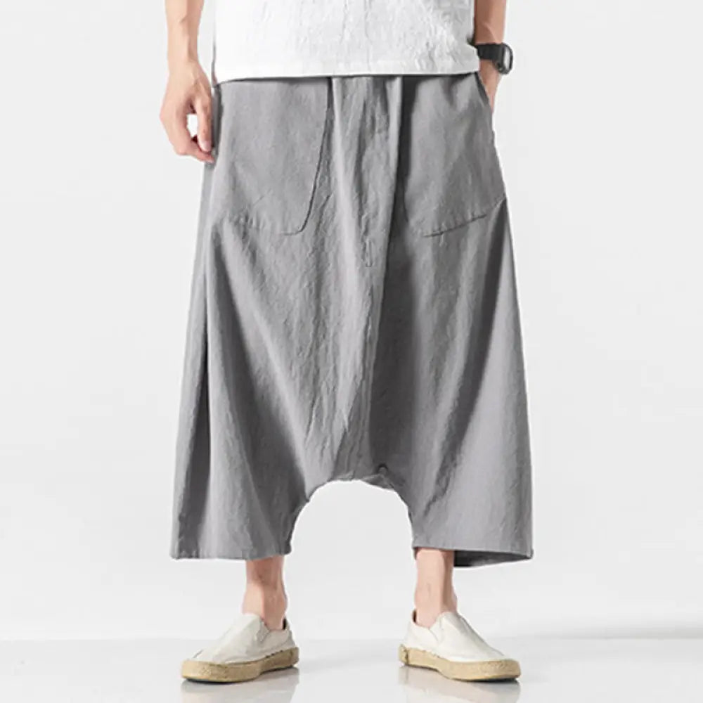 Buddha Stones Casual Low Crotch Design Drawstring Men’s 7-8 Length Cotton Linen Wide Leg Pants With Pockets - Silver
