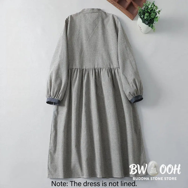 Buddha Stones Casual Plaid Pattern Long Lantern Sleeve Cotton Linen Midi Dress With Pockets - Midi Dress