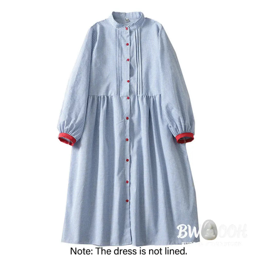 Buddha Stones Casual Plaid Pattern Long Lantern Sleeve Cotton Linen Midi Dress With Pockets - Midi Dress