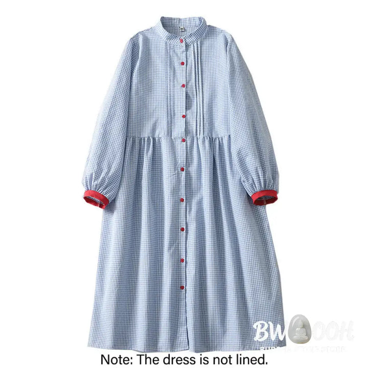 Buddha Stones Casual Plaid Pattern Long Lantern Sleeve Cotton Linen Midi Dress With Pockets - Midi Dress
