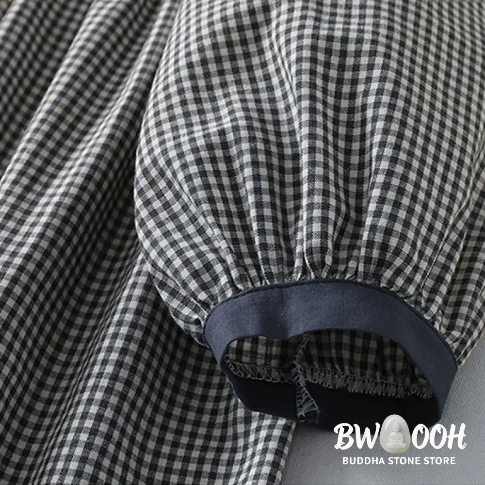 Buddha Stones Casual Plaid Pattern Long Lantern Sleeve Cotton Linen Midi Dress With Pockets - Midi Dress
