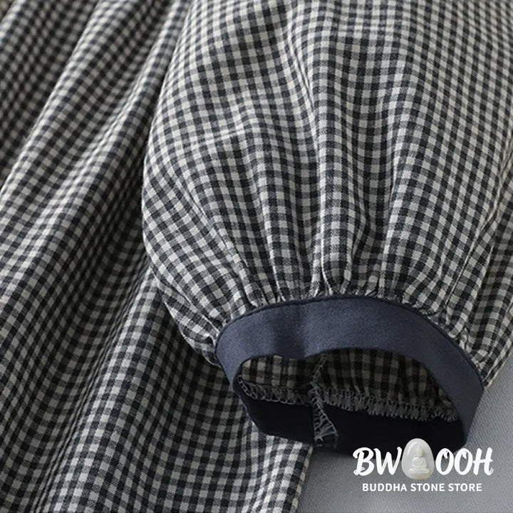 Buddha Stones Casual Plaid Pattern Long Lantern Sleeve Cotton Linen Midi Dress With Pockets - Midi Dress
