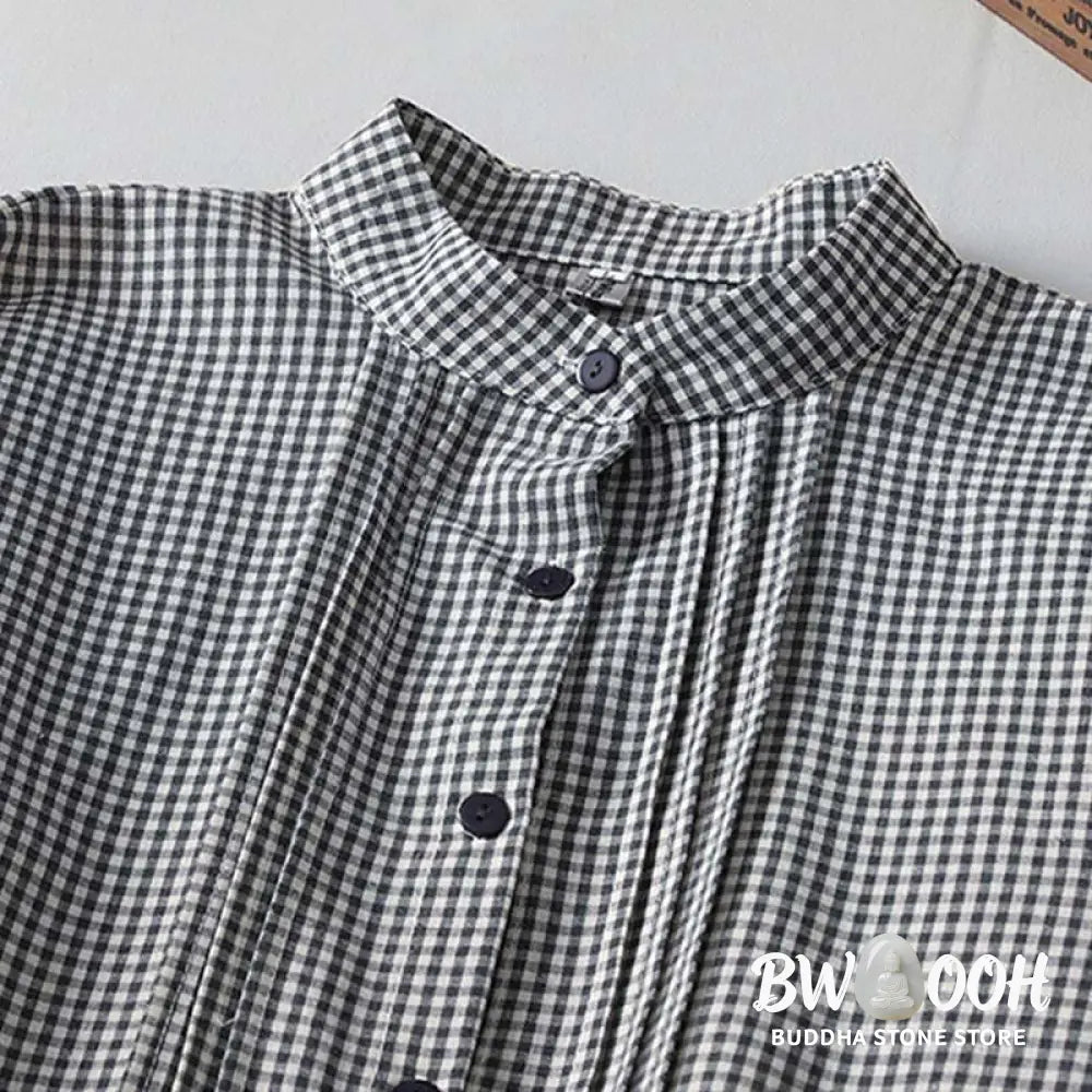 Buddha Stones Casual Plaid Pattern Long Lantern Sleeve Cotton Linen Midi Dress With Pockets - Midi Dress