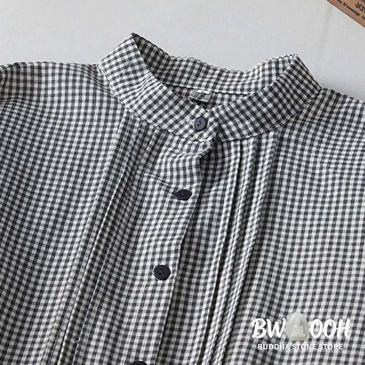 Buddha Stones Casual Plaid Pattern Long Lantern Sleeve Cotton Linen Midi Dress With Pockets - Midi Dress