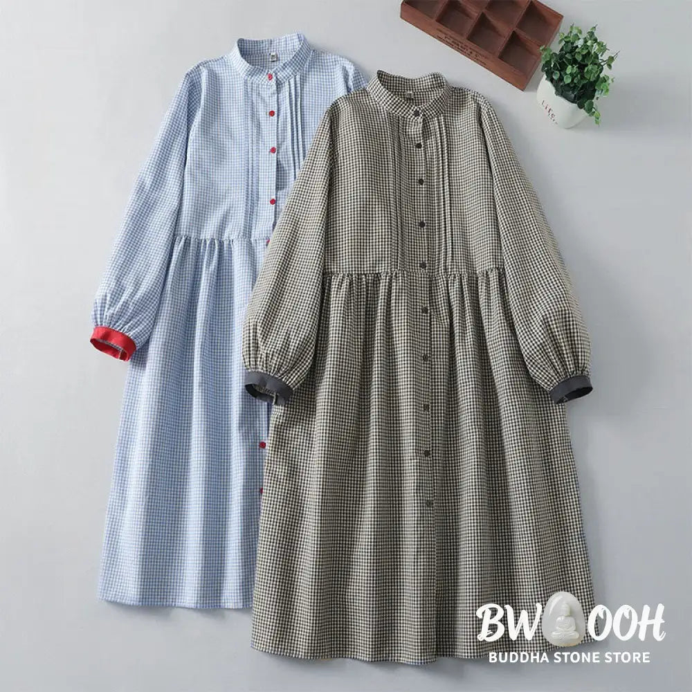 Buddha Stones Casual Plaid Pattern Long Lantern Sleeve Cotton Linen Midi Dress With Pockets - Midi Dress