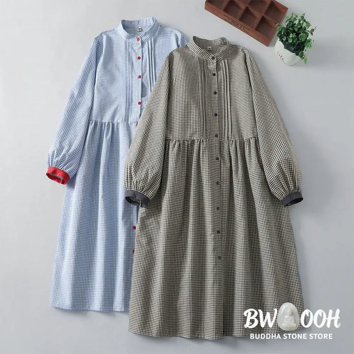 Buddha Stones Casual Plaid Pattern Long Lantern Sleeve Cotton Linen Midi Dress With Pockets - Midi Dress