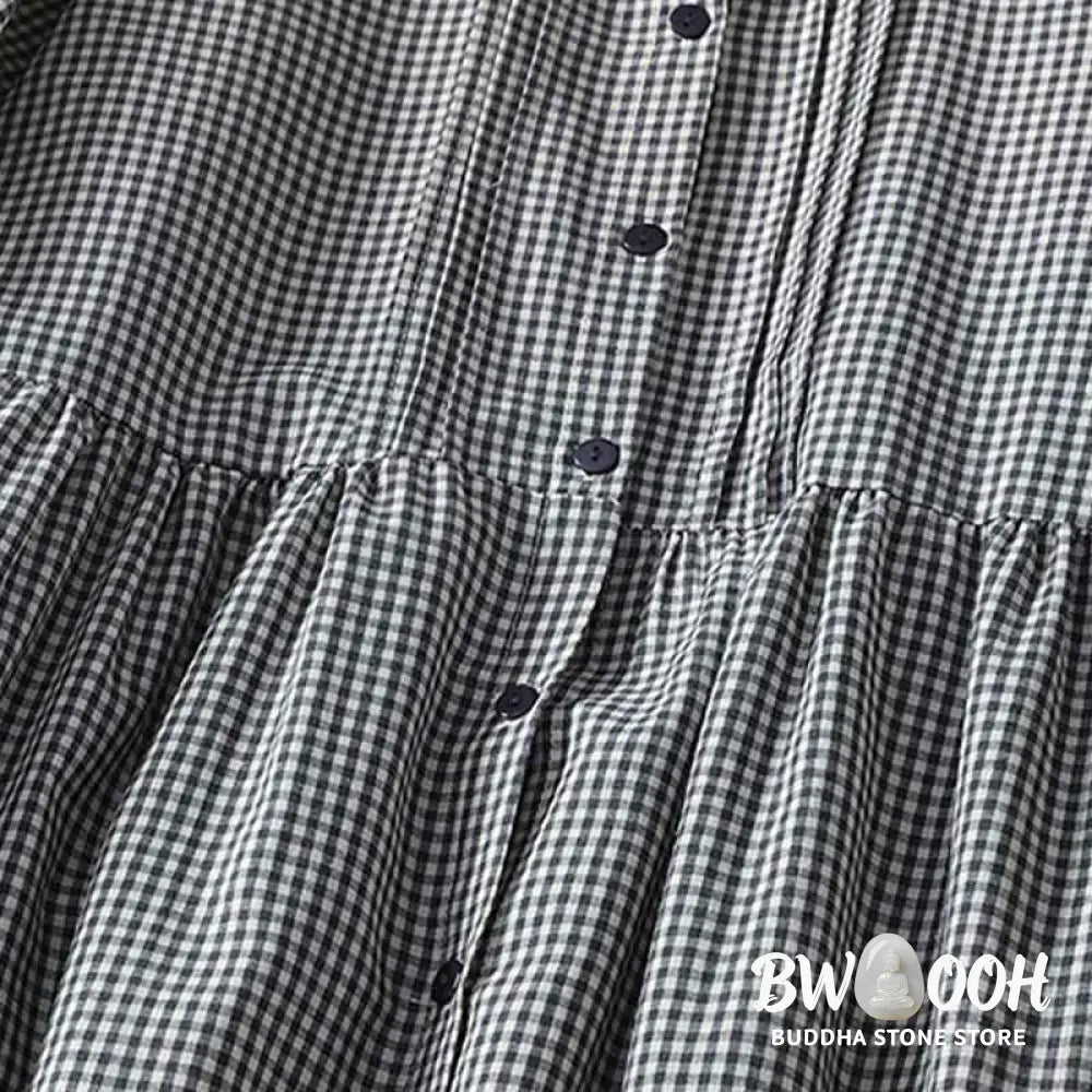Buddha Stones Casual Plaid Pattern Long Lantern Sleeve Cotton Linen Midi Dress With Pockets - Midi Dress