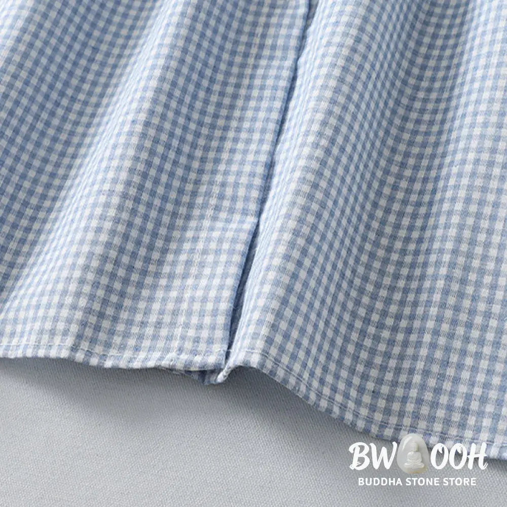 Buddha Stones Casual Plaid Pattern Long Lantern Sleeve Cotton Linen Midi Dress With Pockets - Midi Dress