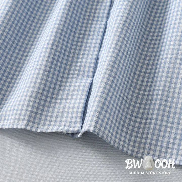 Buddha Stones Casual Plaid Pattern Long Lantern Sleeve Cotton Linen Midi Dress With Pockets - Midi Dress