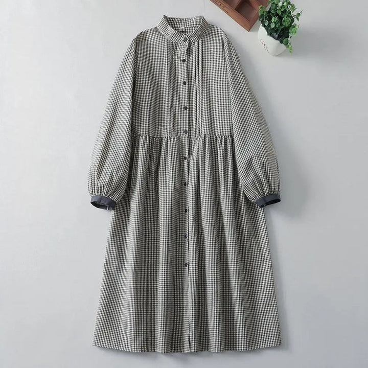 Buddha Stones Casual Plaid Pattern Long Lantern Sleeve Cotton Linen Midi Dress With Pockets - Black / US4，UK/AU8，EU36