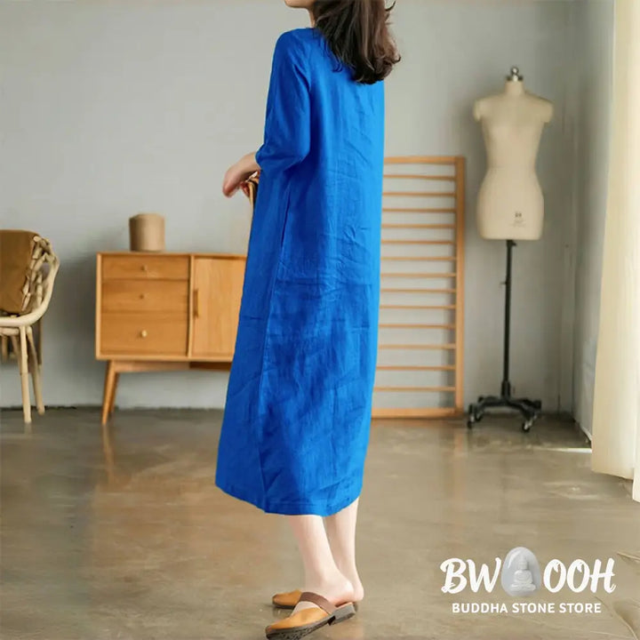 Buddha Stones Casual Plain Accordion Pleats V-neck Half Sleeve Design Midi Dress With Pockets - Midi Dress