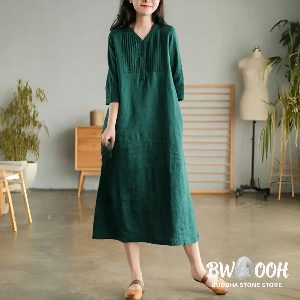 Buddha Stones Casual Plain Accordion Pleats V-neck Half Sleeve Design Midi Dress With Pockets - Midi Dress