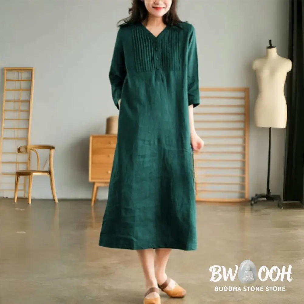 Buddha Stones Casual Plain Accordion Pleats V-neck Half Sleeve Design Midi Dress With Pockets - Midi Dress