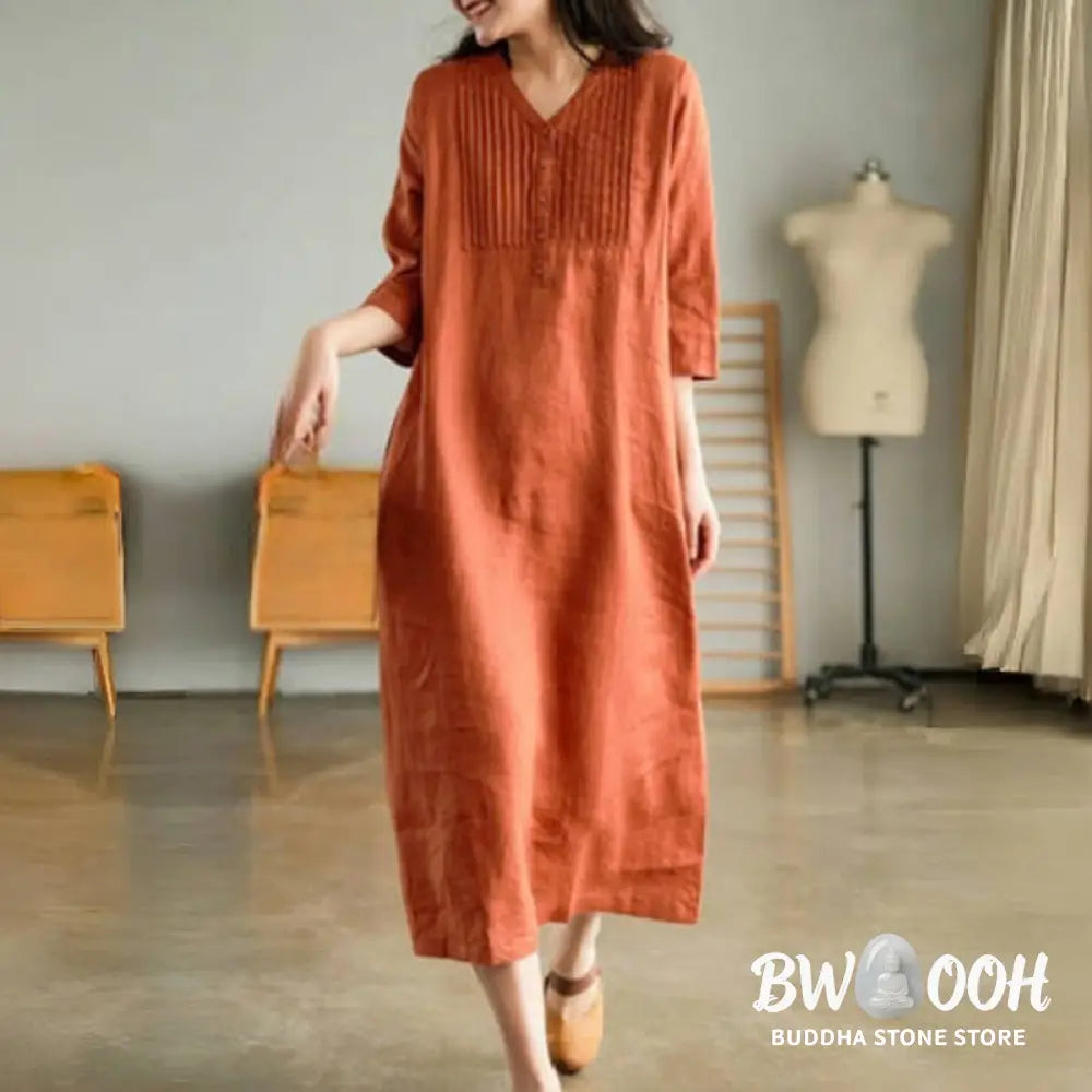 Buddha Stones Casual Plain Accordion Pleats V-neck Half Sleeve Design Midi Dress With Pockets - Midi Dress