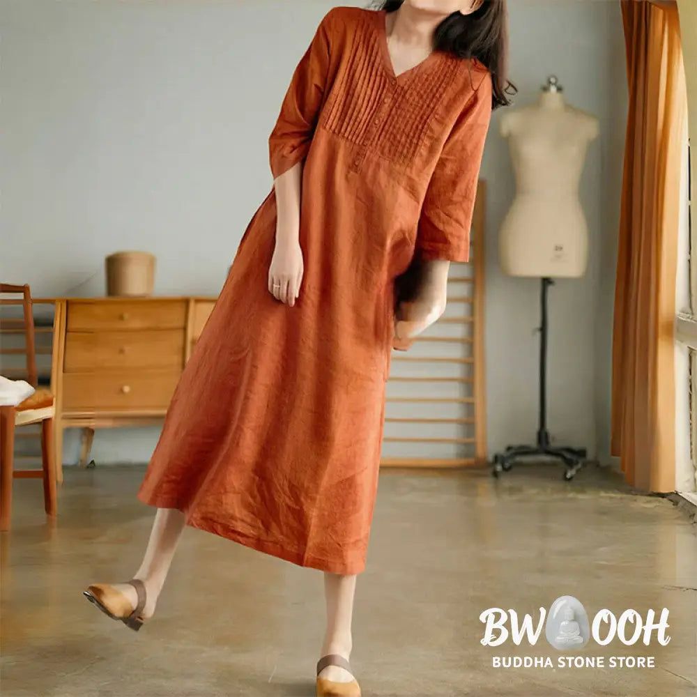 Buddha Stones Casual Plain Accordion Pleats V-neck Half Sleeve Design Midi Dress With Pockets - Midi Dress
