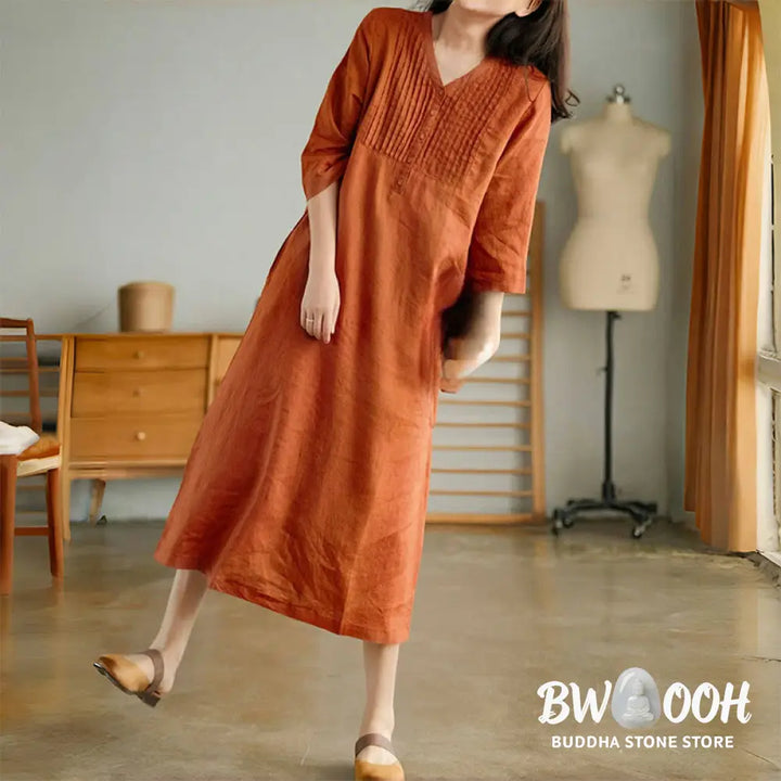 Buddha Stones Casual Plain Accordion Pleats V-neck Half Sleeve Design Midi Dress With Pockets - Midi Dress