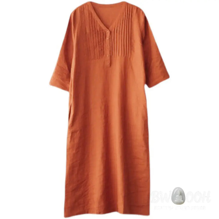 Buddha Stones Casual Plain Accordion Pleats V-neck Half Sleeve Design Midi Dress With Pockets - Midi Dress