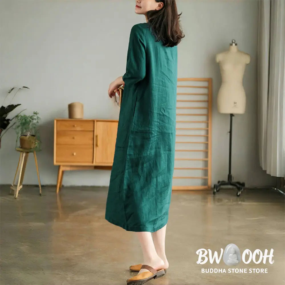 Buddha Stones Casual Plain Accordion Pleats V-neck Half Sleeve Design Midi Dress With Pockets - Midi Dress