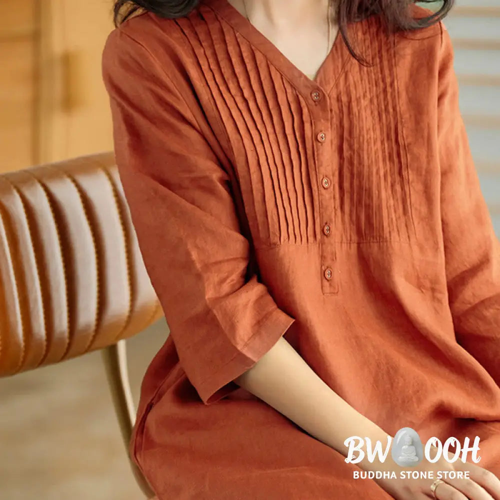 Buddha Stones Casual Plain Accordion Pleats V-neck Half Sleeve Design Midi Dress With Pockets - Midi Dress