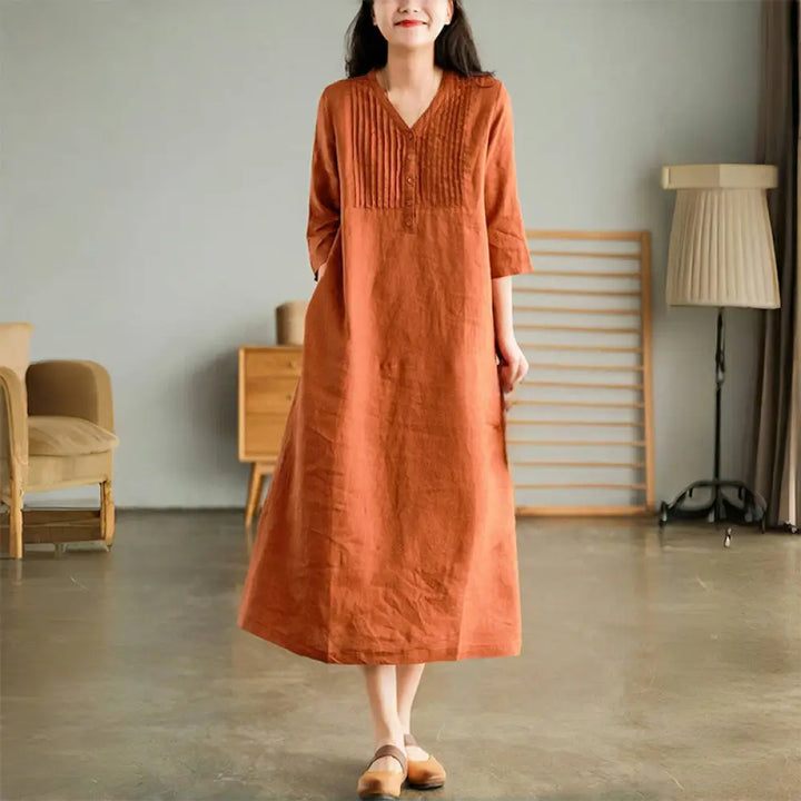 Buddha Stones Casual Plain Accordion Pleats V-neck Half Sleeve Design Midi Dress With Pockets - Coral / US4，UK/AU8，EU36