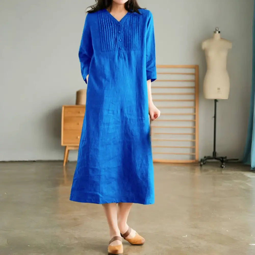 Buddha Stones Casual Plain Accordion Pleats V-neck Half Sleeve Design Midi Dress With Pockets - DodgerBlue