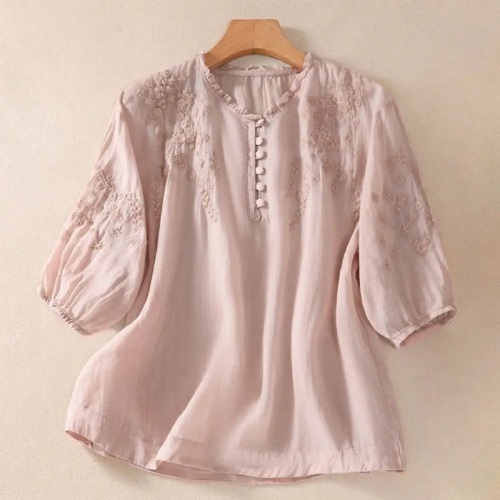 Buddha Stones Casual Plain Button Floral Embroidered Design Puff Half Sleeve Women’s Shirt - LightPink