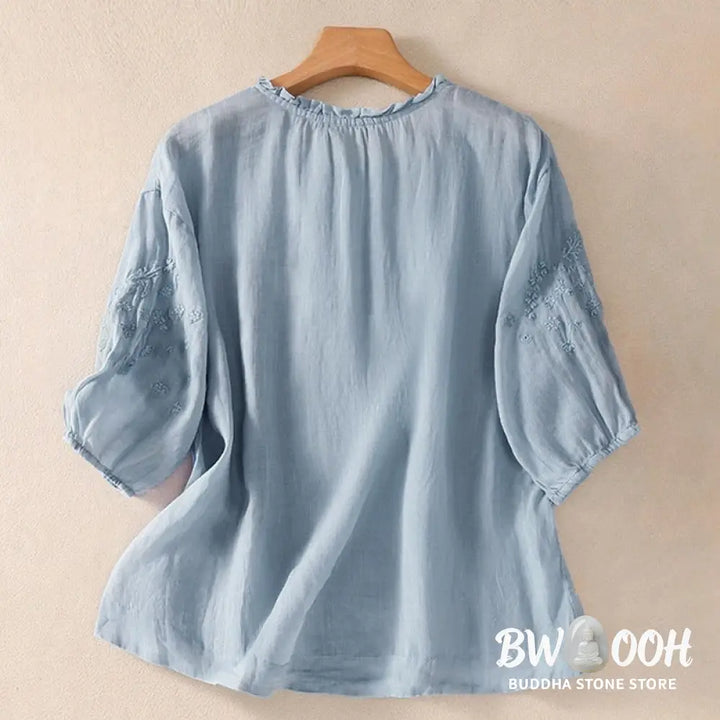 Buddha Stones Casual Plain Button Floral Embroidered Design Puff Half Sleeve Women’s Shirt - Women’s Shirts