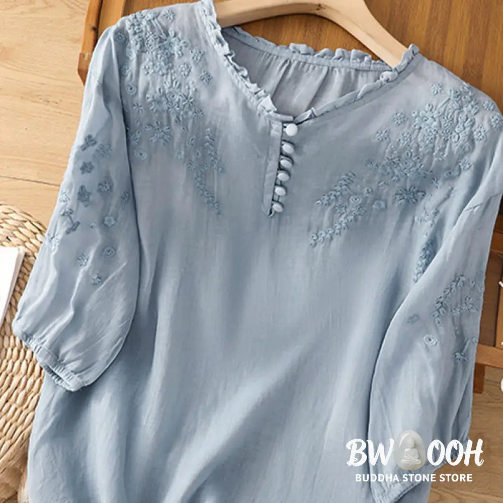 Buddha Stones Casual Plain Button Floral Embroidered Design Puff Half Sleeve Women’s Shirt - Women’s Shirts