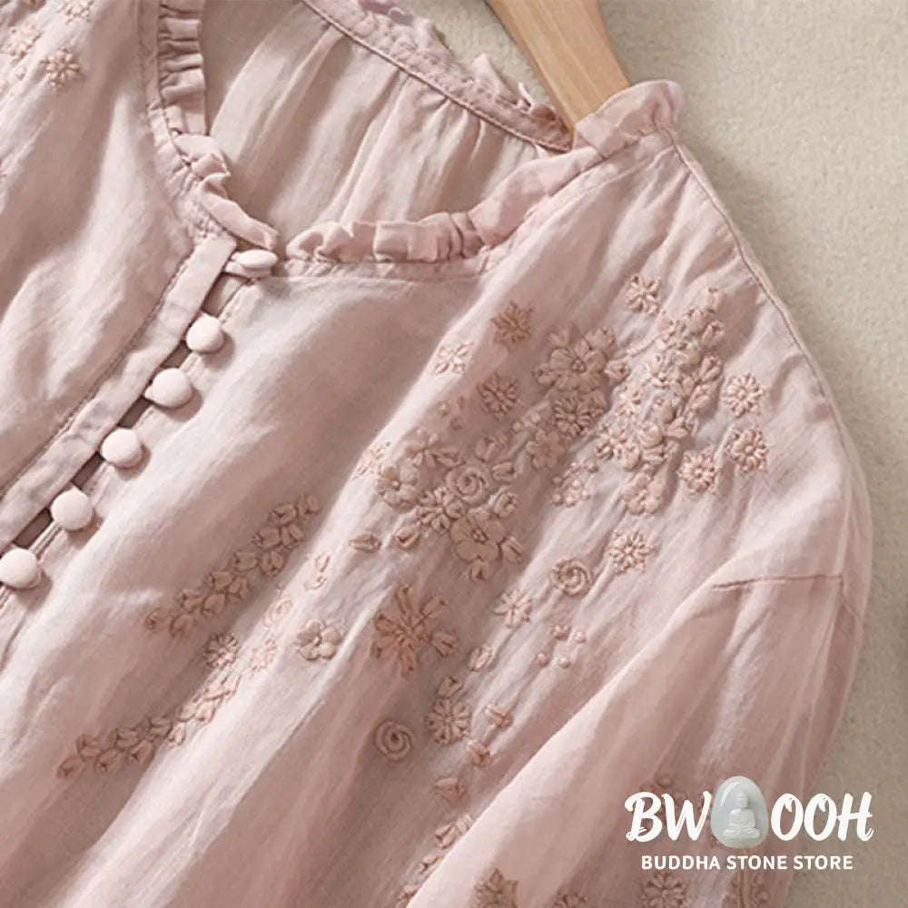 Buddha Stones Casual Plain Button Floral Embroidered Design Puff Half Sleeve Women’s Shirt - Women’s Shirts