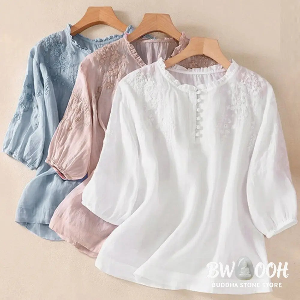 Buddha Stones Casual Plain Button Floral Embroidered Design Puff Half Sleeve Women’s Shirt - Women’s Shirts