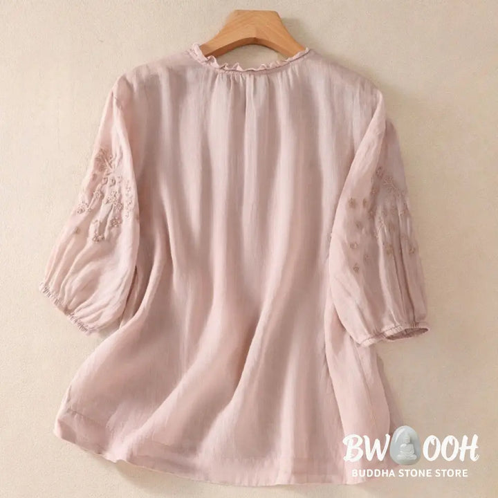 Buddha Stones Casual Plain Button Floral Embroidered Design Puff Half Sleeve Women’s Shirt - Women’s Shirts