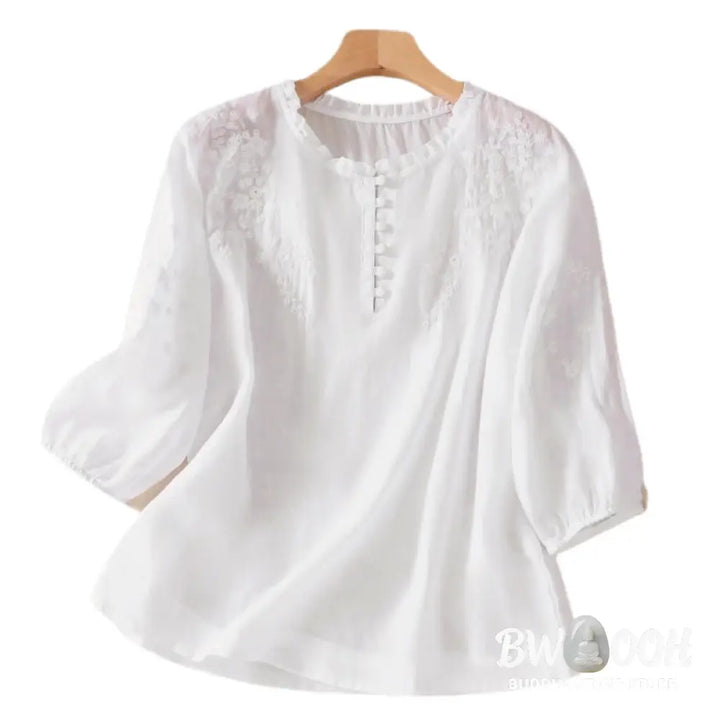 Buddha Stones Casual Plain Button Floral Embroidered Design Puff Half Sleeve Women’s Shirt - Women’s Shirts