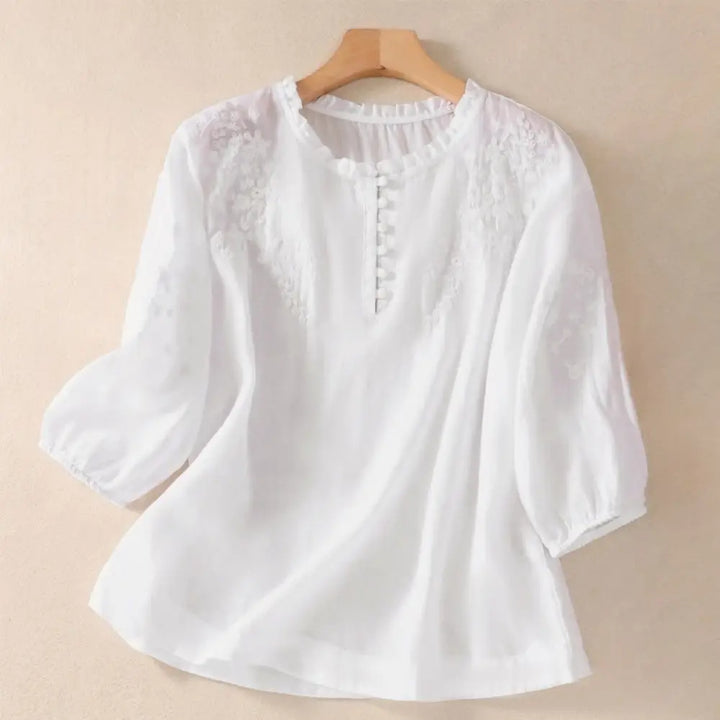 Buddha Stones Casual Plain Button Floral Embroidered Design Puff Half Sleeve Women’s Shirt - WhiteSmoke
