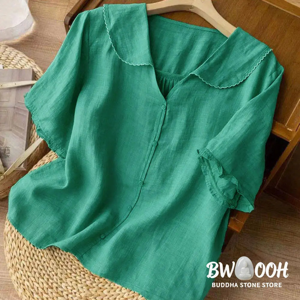Buddha Stones Casual Plain Button Half Sleeve Middy Collar Women&