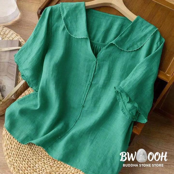 Buddha Stones Casual Plain Button Half Sleeve Middy Collar Women&