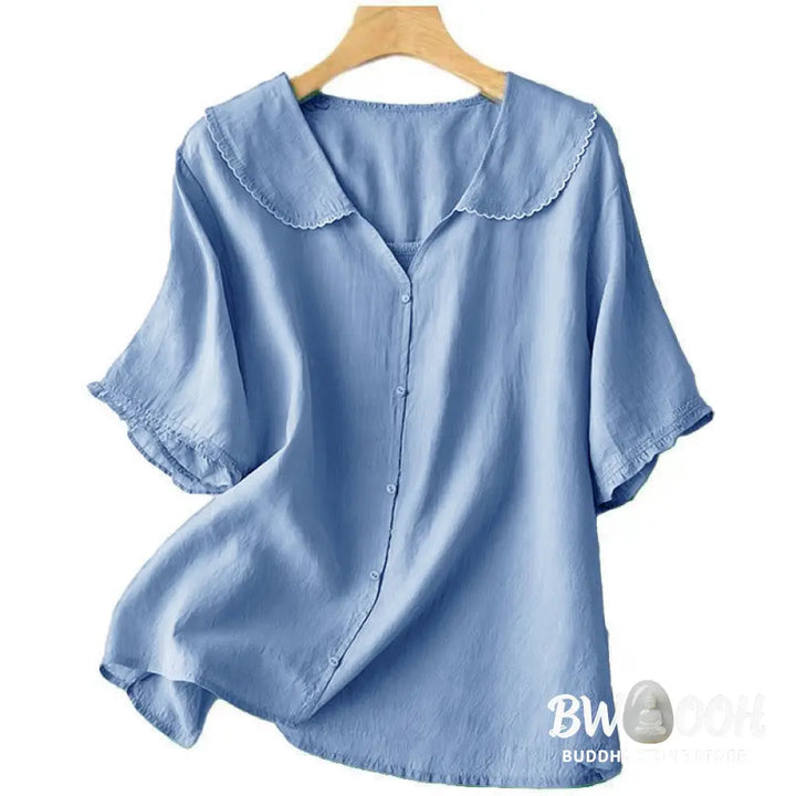 Buddha Stones Casual Plain Button Half Sleeve Middy Collar Women&