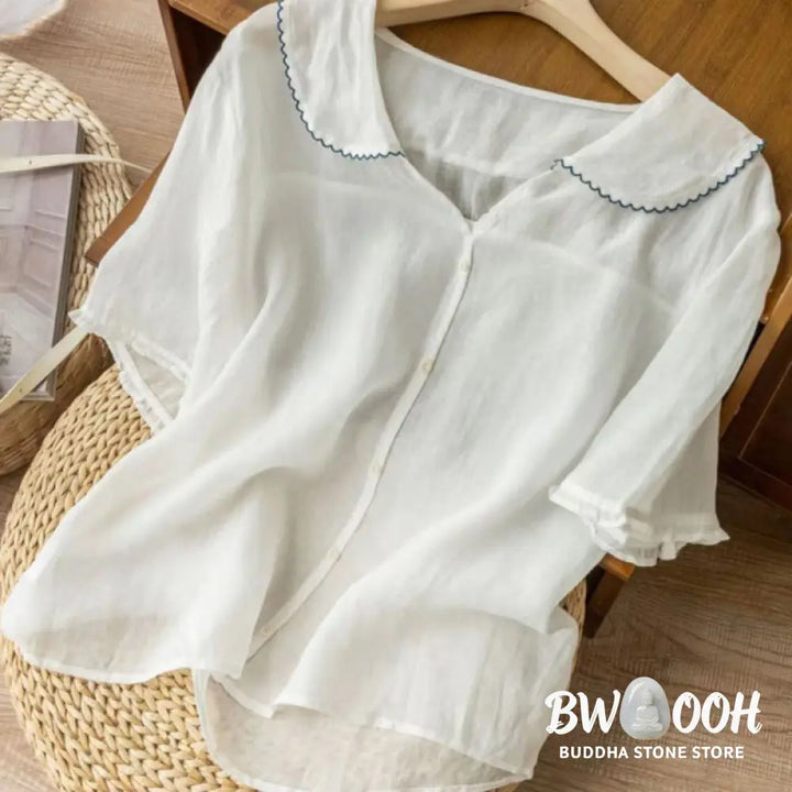 Buddha Stones Casual Plain Button Half Sleeve Middy Collar Women&