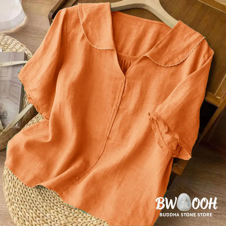 Buddha Stones Casual Plain Button Half Sleeve Middy Collar Women&