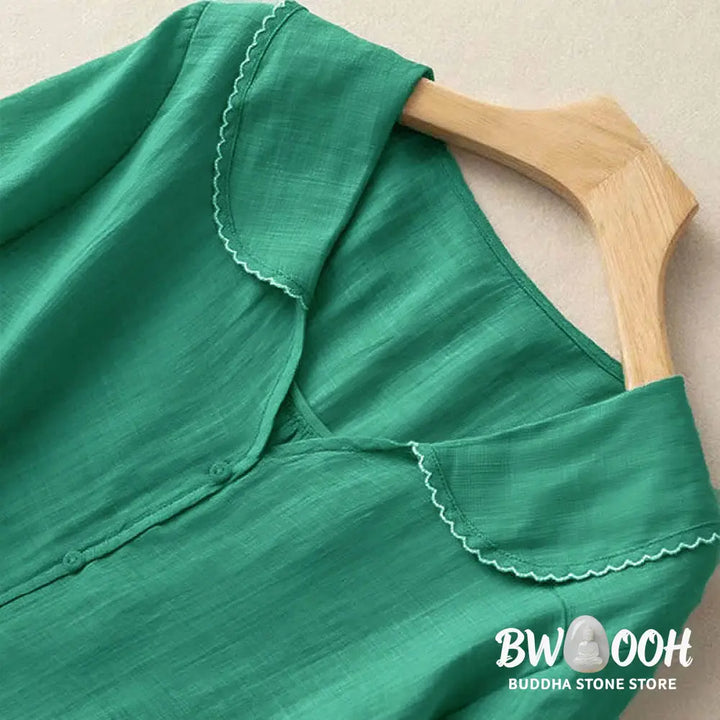 Buddha Stones Casual Plain Button Half Sleeve Middy Collar Women&