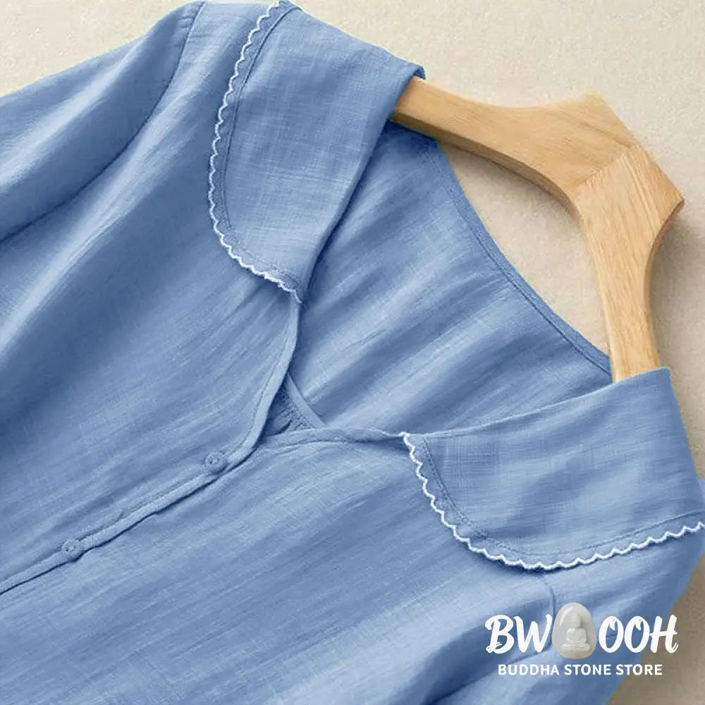 Buddha Stones Casual Plain Button Half Sleeve Middy Collar Women&