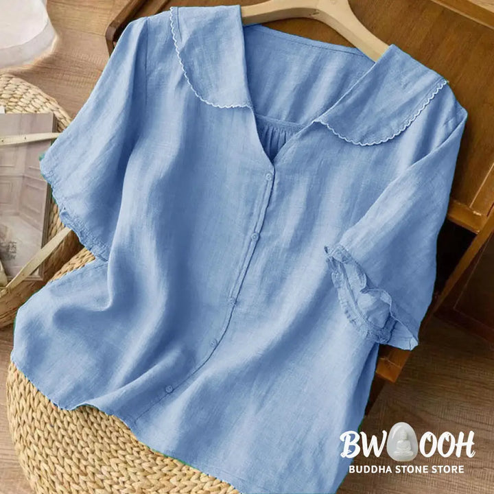 Buddha Stones Casual Plain Button Half Sleeve Middy Collar Women&