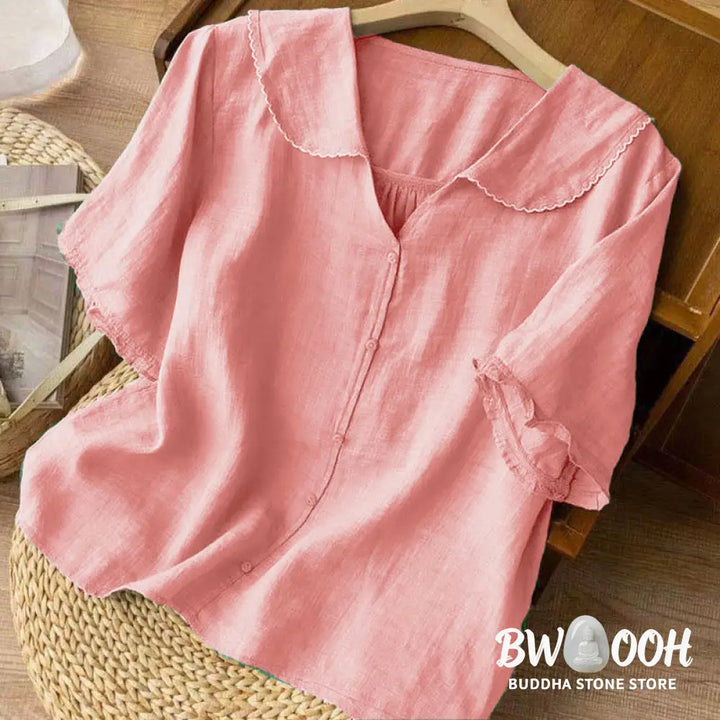 Buddha Stones Casual Plain Button Half Sleeve Middy Collar Women&