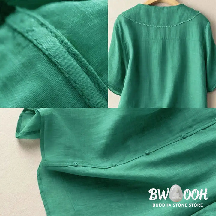 Buddha Stones Casual Plain Button Half Sleeve Middy Collar Women&