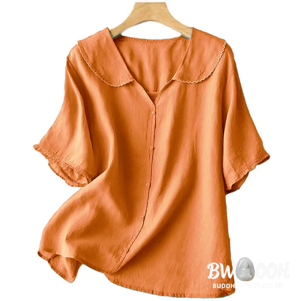Buddha Stones Casual Plain Button Half Sleeve Middy Collar Women&