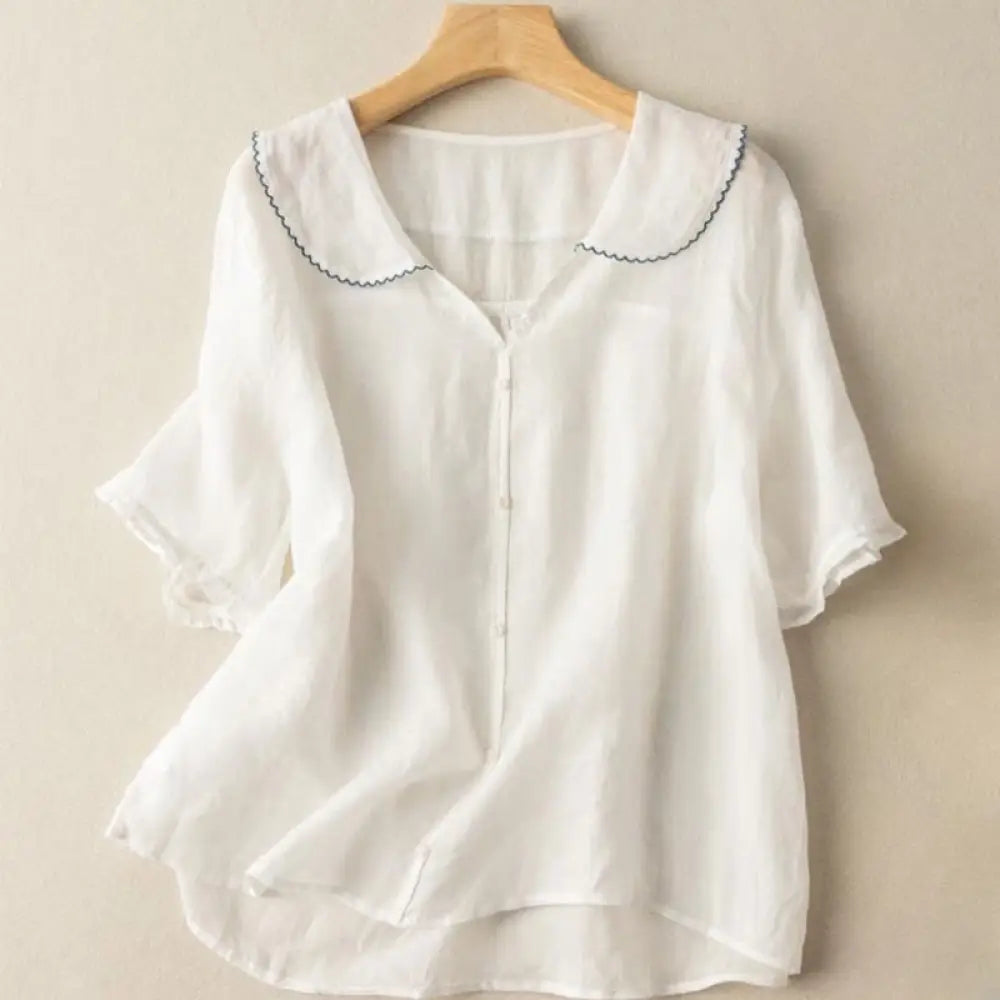 Buddha Stones Casual Plain Button Half Sleeve Middy Collar Women&