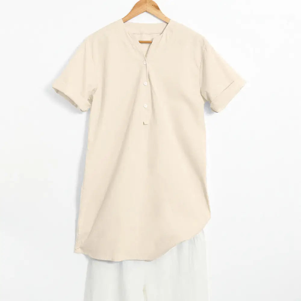 Buddha Stones Casual Plain Button Notched Collar Women’s Short Sleeve Shirt - Beige / US4，UK/AU8，EU36 (S) - Women’s
