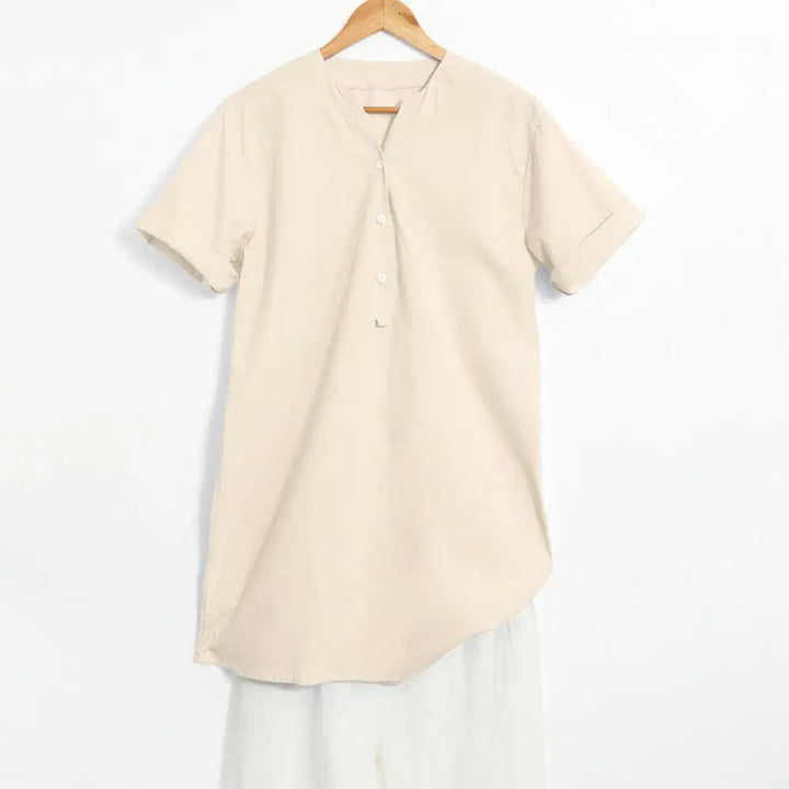 Buddha Stones Casual Plain Button Notched Collar Women’s Short Sleeve Shirt - Beige / US4，UK/AU8，EU36 (S) - Women’s