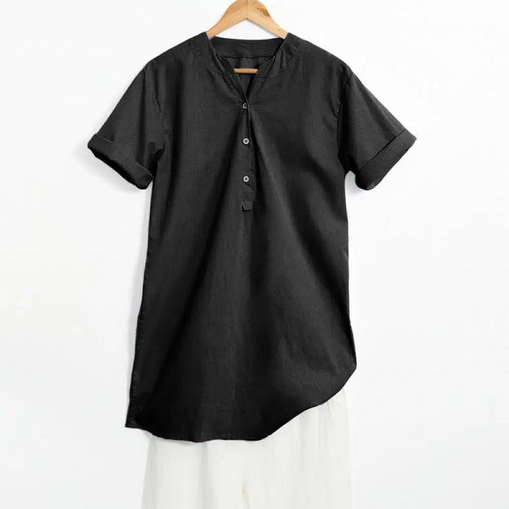 Buddha Stones Casual Plain Button Notched Collar Women’s Short Sleeve Shirt - Black / US4，UK/AU8，EU36 (S) - Women’s