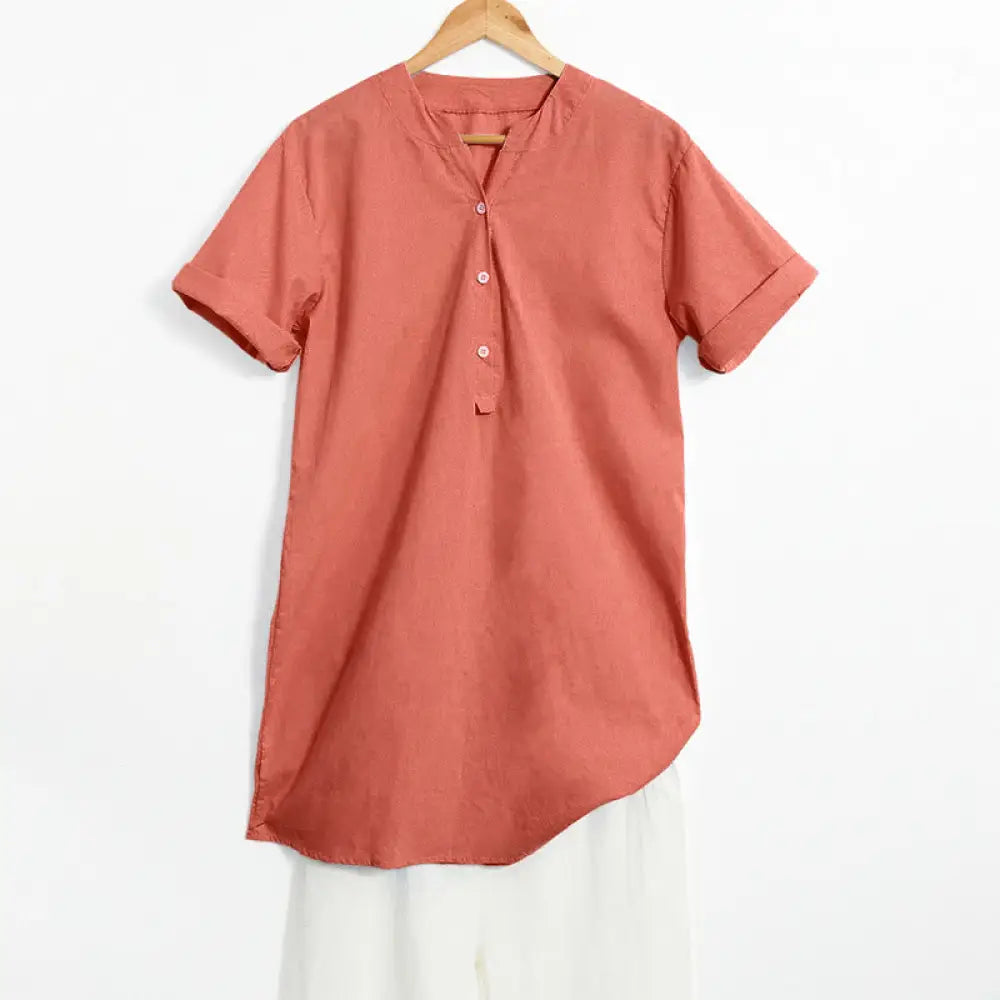 Buddha Stones Casual Plain Button Notched Collar Women’s Short Sleeve Shirt - Coral / US4，UK/AU8，EU36 (S) - Women’s